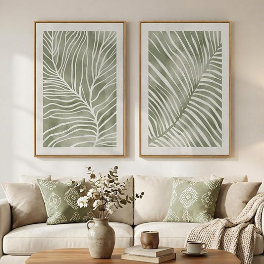 Framed Green Abstract Botanical Wall Art, 2 Piece Tropical Plant Canvas