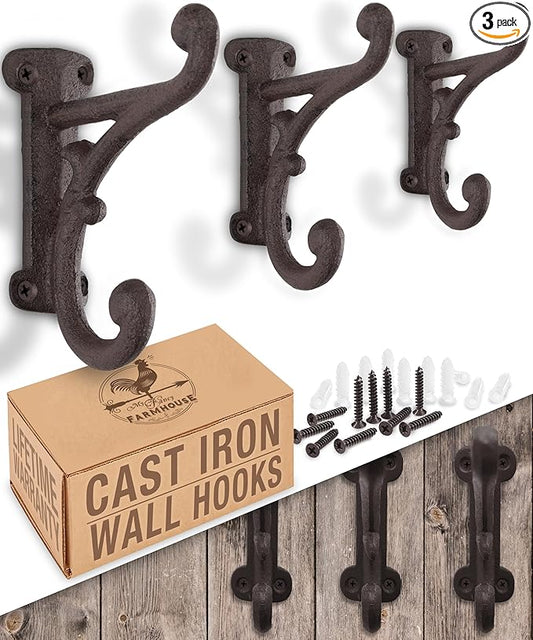 Rustic Cast Iron Coat Hooks Rustic Dark Brown, Wall Mounted, Farmhouse