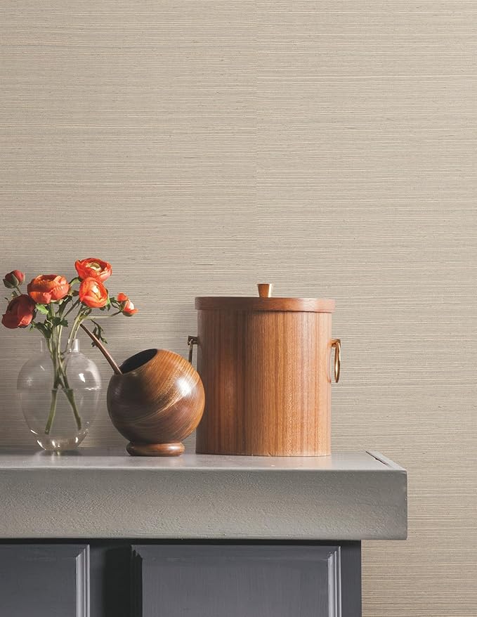 York Wallcoverings Natural Sisal Warm Grey Peel and Stick Grasscloth Wallpaper