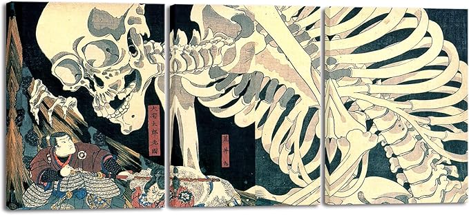 Wieco Art 3 Piece Witch and Skeleton Ukiyo-E by Utagawa Takiyasha Historic