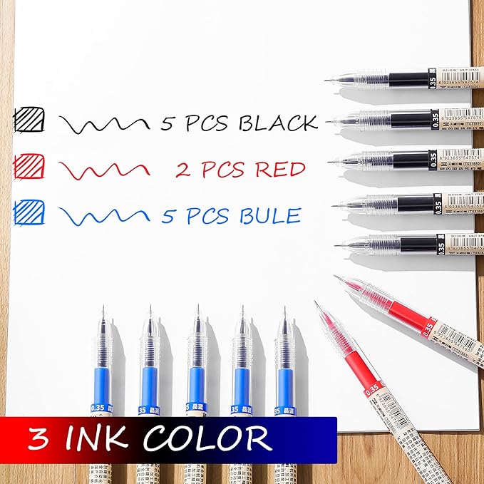 RIANCY Black Blue Red Gel Ink Pens, 0.35mm Extra Fine Point Smooth Writing Rollerball Pens, Japanese Style No Smudge Ballpoint Pen, Quick Drying for Journaling Office School Stationery Supplies 12Pcs