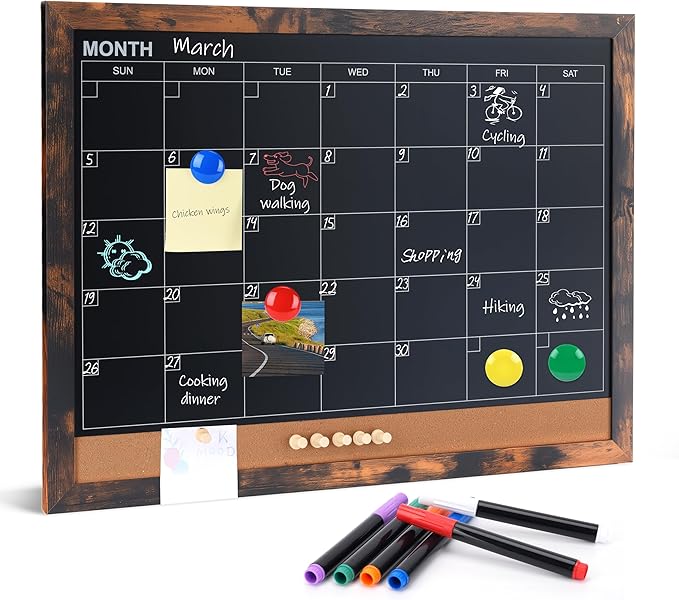 Chalkboard Calendar for Wall, Small Rustic Framed Magnetic Chalkboard & Cork