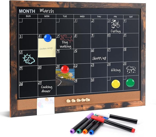 Chalkboard Calendar for Wall, Small Rustic Framed Magnetic Chalkboard & Cork