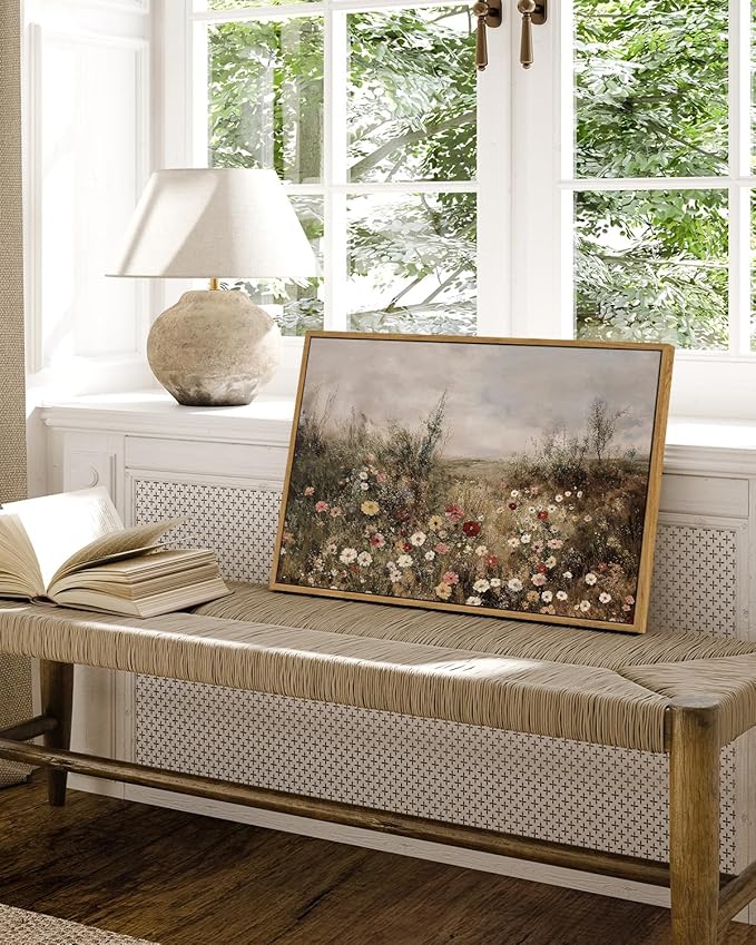 InSimSea Framed Canvas Prints Art Vintage Decor, Classical Wildflower Field Meadow Flowers Painting, Rustic Landscape Large Wall Art for Living Room Bedroom Home Bathroom Wall Decor, 16x24inch