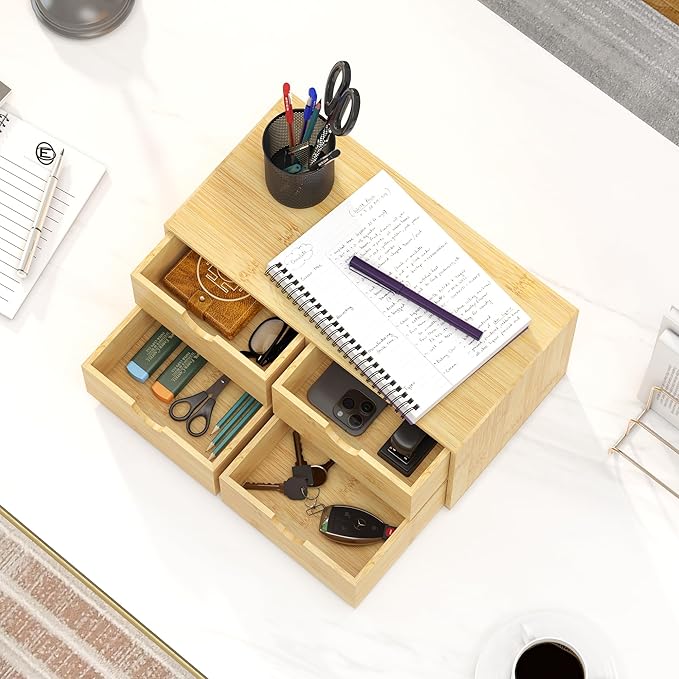 Bamboo Desk Organizer with Drawers - Small Desktop Countertop Mini Tabletop Storage Container - No Assembly Required