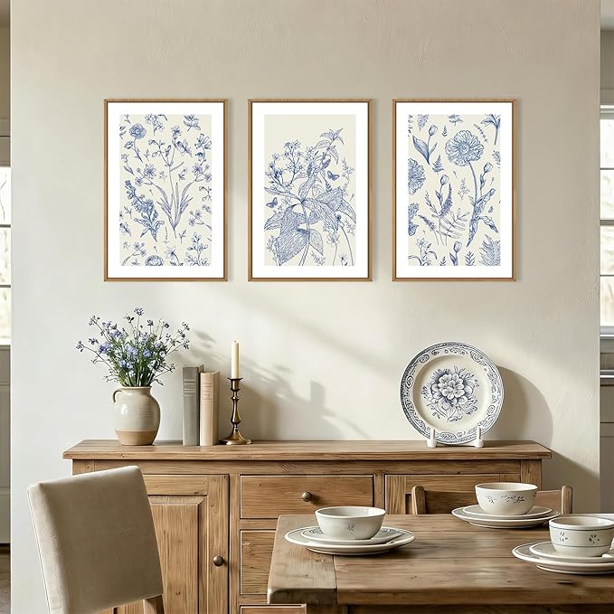 KAIRNE Navy Blue and White Floral Framed Canvas Wall Art Set,Chinoiserie Flower Wall Decor,Watercolor Botanical Art Prints,Modern Wildflower Artwork for Living Room,Bedroom,Farmhouse,Office-16 x24 x3
