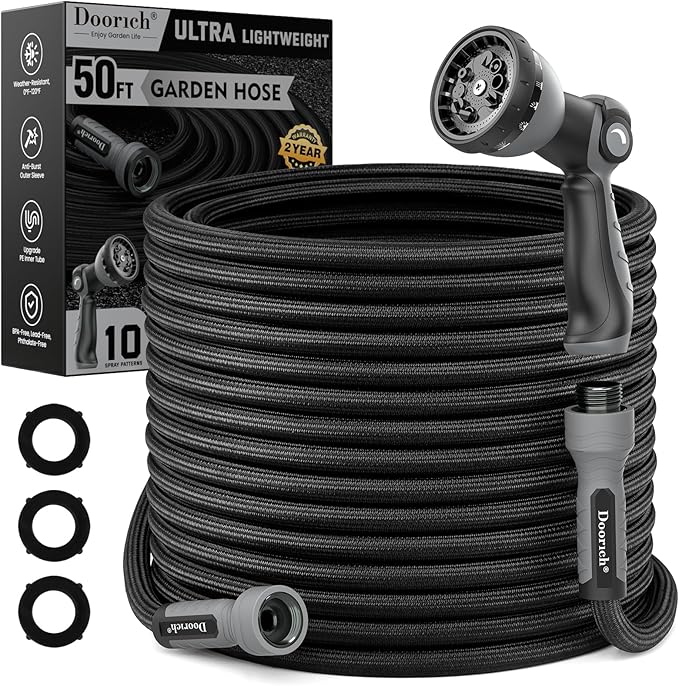 Garden Hose, Flexible Ultra Lightweight Durable, Kink-Free Water Hose with 10 Function Sprayer - Non-Shrinking, Easy to Store, All-Weather, High-Pressure, Black (50 FT)