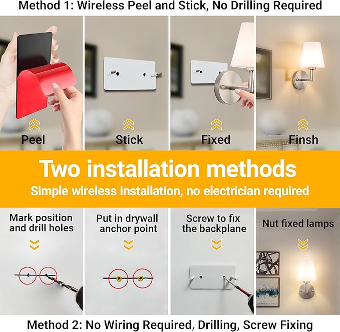 Vimhou Peel and Stick Wall Sconces, Stick On Wall Sconce Set of 2, Battery