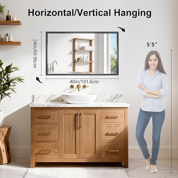 Black Framed Mirror 24"x40", Brushed Black Bathroom Mirrors