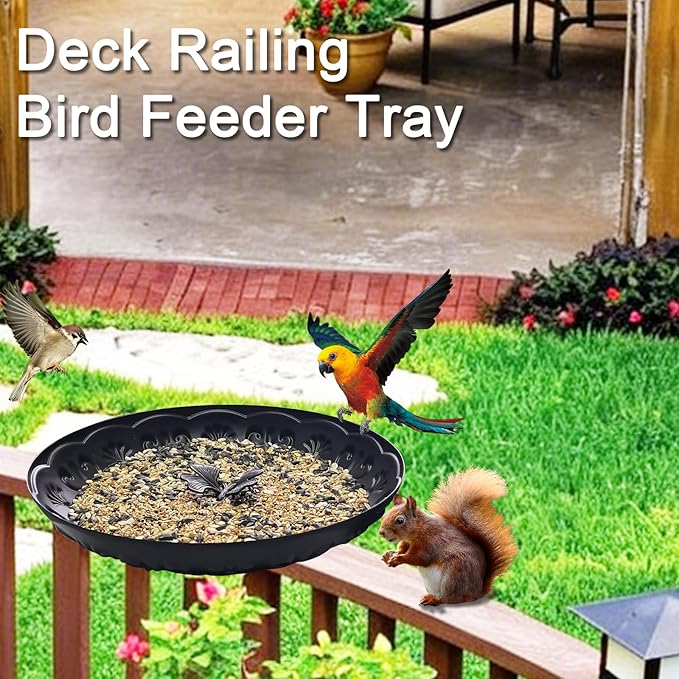 Deck Railing Bird Feeder Tray,Metal 11" Platform Bird Feeders Mesh Seed Tray for Outside/Balcony (Black-1pack)