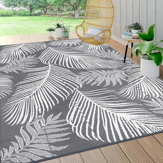 Pauwer Waterproof Outdoor Rug 8x10, Reversible Plastic Straw Patio Camping Rug, Indoor Outdoor RV Mat Carpet for Deck, Camper, Porch, Balcony, Backyard, Picnic, Leaf Grey