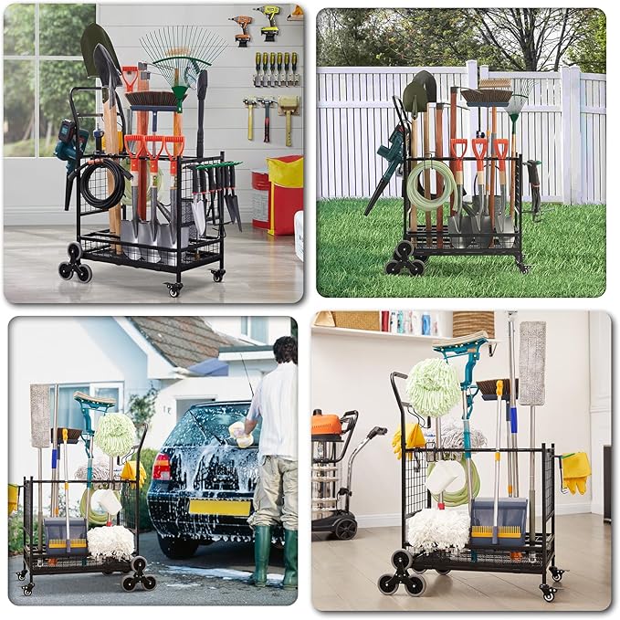 Lauren&Harold Garden Tool Organizer with 2 Stair-Climbing Wheels for Garage Storage, Garden Tool Rack, Up to 35 Long-Handled Tools, Rakes/Shovels/Yard Tools Storage Stand for Shed, Lawn and Outdoor