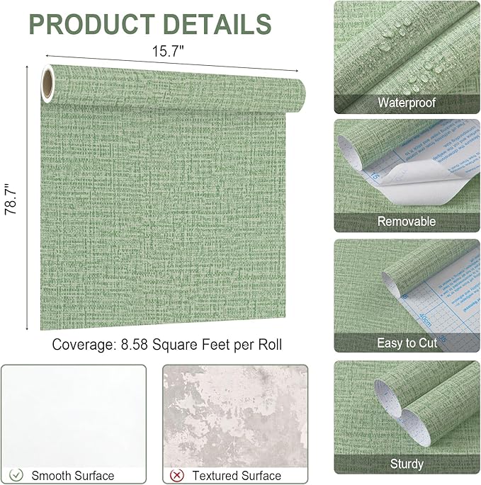 Guvana Grasscloth Peel and Stick Wallpaper Green Textured Contact Paper Modern