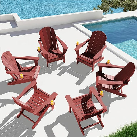 SERWALL Folding Adirondack Chair Set of 6 Weather Resistant Lawn Chairs with Cup Holder for Patio - Red