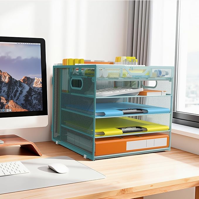 Docnest 5 Tier Letter Tray with Hanging File Organizer-Mesh Desk Organizer-Desktop Storage Box Built in Pen Holder and Handles, File Folder Holder for Mail Documents Office Supplies-Blue