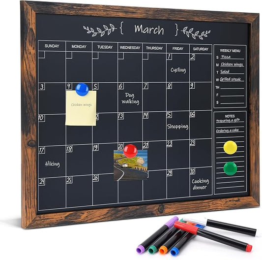 Chalkboard Calendar for Wall, Small Rustic Framed Magnetic Chalkboard for Home