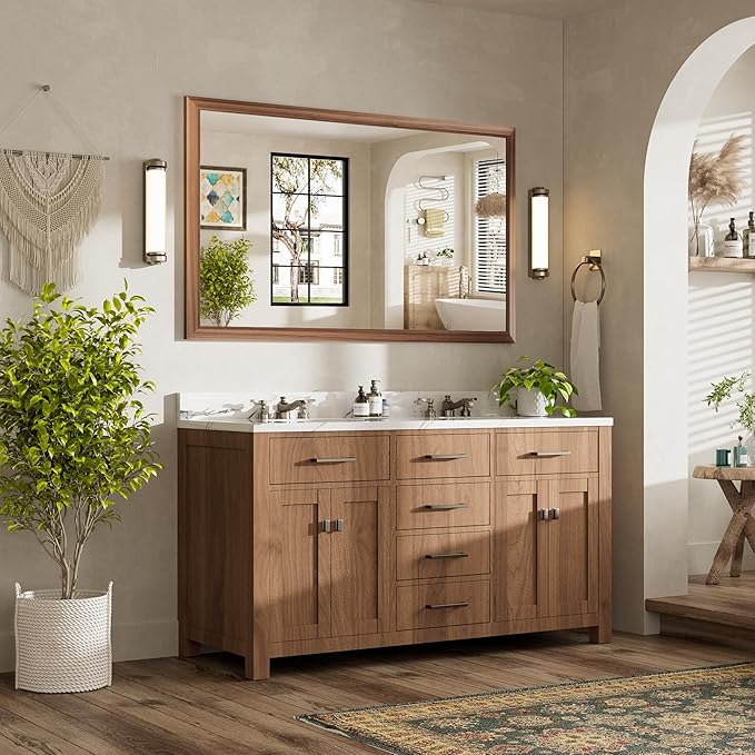 60x36 Inch Bathroom Mirror for Wall, Anti-Rust Walnut Wood Grain Metal Framed