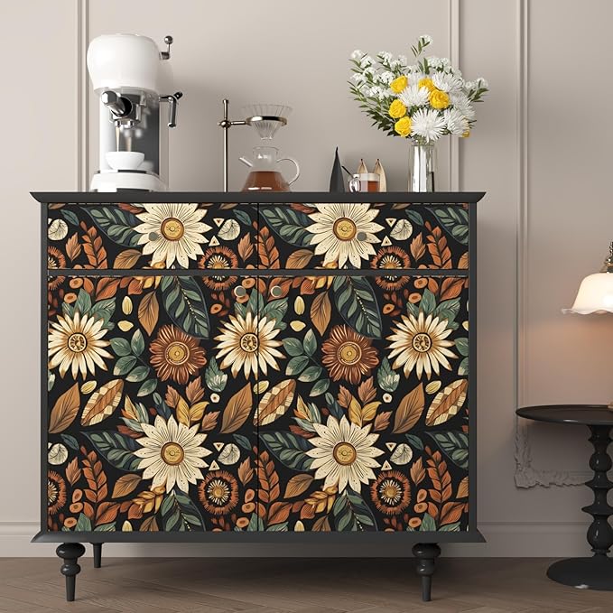 Boho Wallpaper Peel and Stick, Vintage Black Brown/Green Floral Contact Paper
