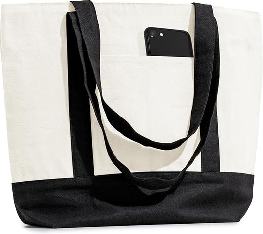 Carrywell (Not Made In China) Canvas Tote Bags with Zipper 6-Pack, 15" x 21", Heavy Duty Organic Cotton With Handles and Front Pocket, Reusable Shopping Totes