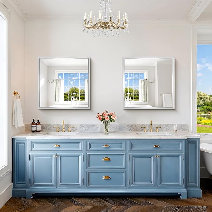 30 x 30 Silver Bathroom Mirror, Brushed Silver Square Mirror