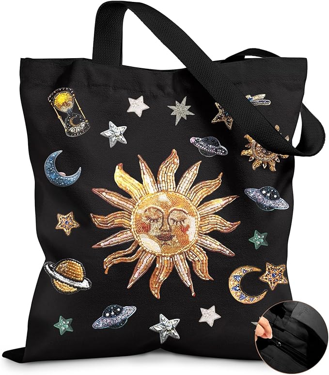 Miss Adola Canvas Tote Bag for Women â Aesthetic Canvas Bag with Zipper Cute Stylish Reusable Shoulder Totes for Shopping Work Daily Vacation, Sun Planets