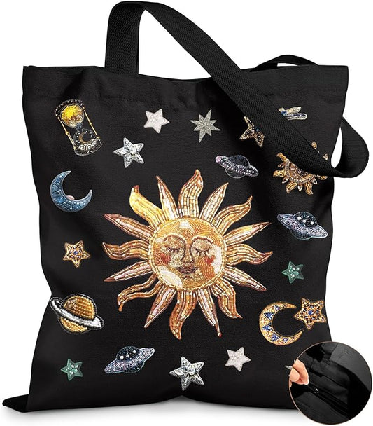 Miss Adola Canvas Tote Bag for Women â Aesthetic Canvas Bag with Zipper Cute Stylish Reusable Shoulder Totes for Shopping Work Daily Vacation, Sun Planets