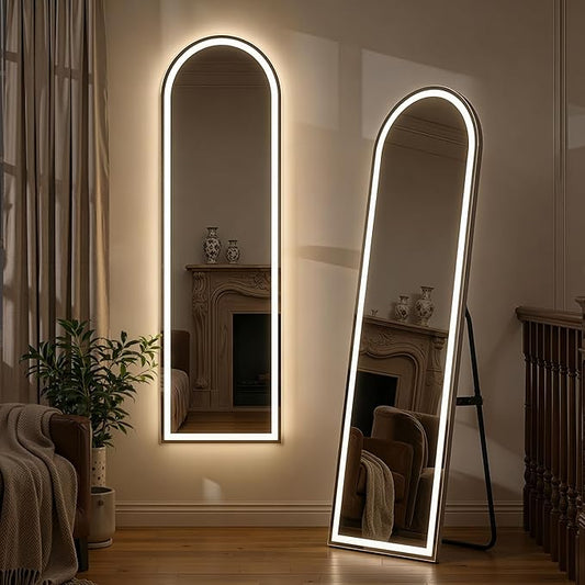 Arched Full Length Mirror with LED Lights, Body Floor Mirrors with Dimming & 3