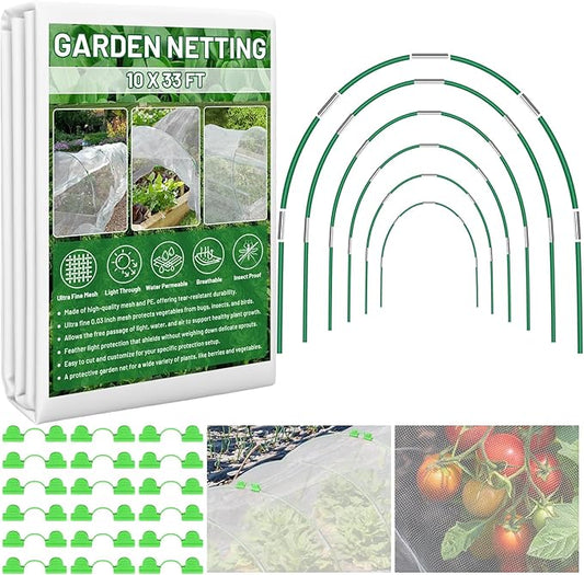 Garden Mesh Netting Kit for Raised Beds, 10x33FT Ultra Fine Mesh Netting&6 Sets 8FT Fiberglass Garden Hoops, Insect Netting Row Cover, Pest Barrier Protection for Vegetable Fruits Flowers