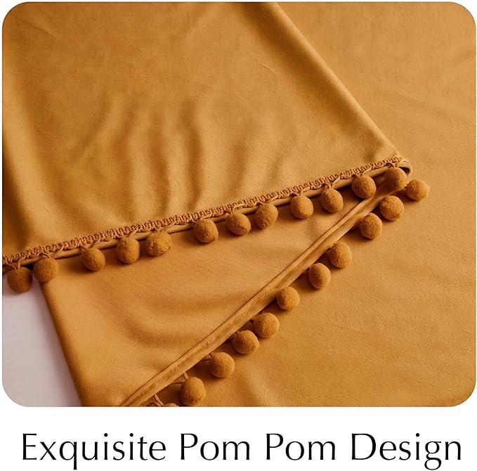 NICETOWN Mustard Gold Pom Pom Velvet Curtains 8 ft Long