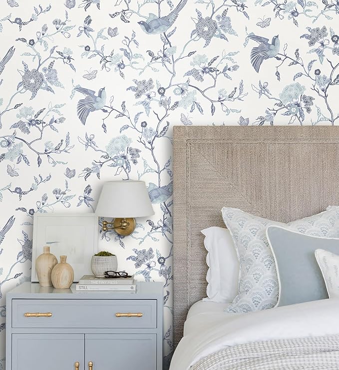 Timeet Peel and Stick Wallpaper Vintage Floral Contact Paper Blue and White