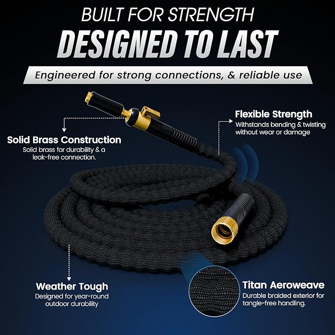 TITAN 100 ft Garden Hose – Lightweight Flexible Water Hose, Kink-Free Non-Expanding, High Flow, Solid Brass Fittings, Leak-Proof with Nozzle