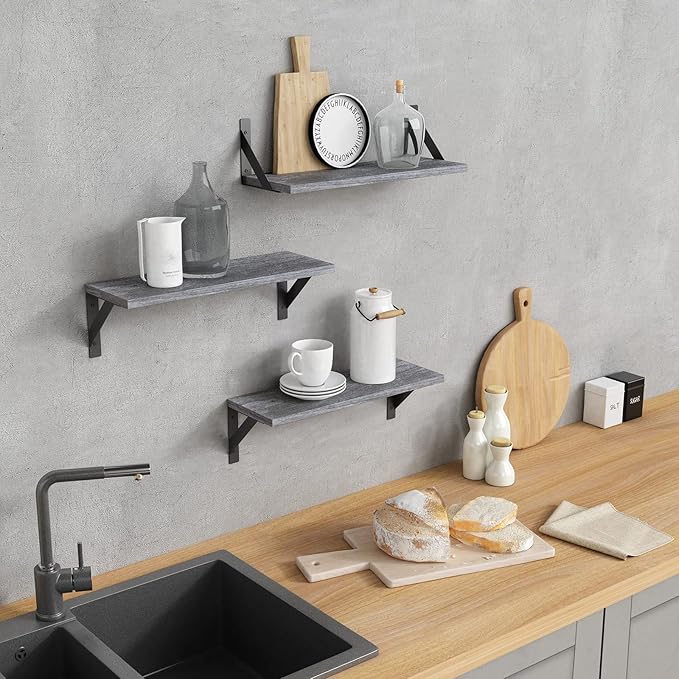 Forbena Grey Floating Shelves for Wall Decor Set of 3, Floating Book Shelves