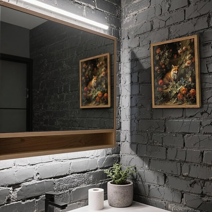 Framed Dark Academia Fox Canvas Wall Art, Sitting Fox Surrounded by Flowers