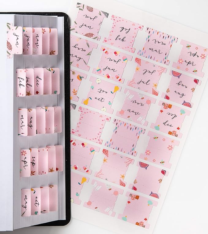 DiverseBee Laminated Planner - 24 Peel and Stick Tabs (12 Month, 12 Blank), Calendar Dividers (Rose)