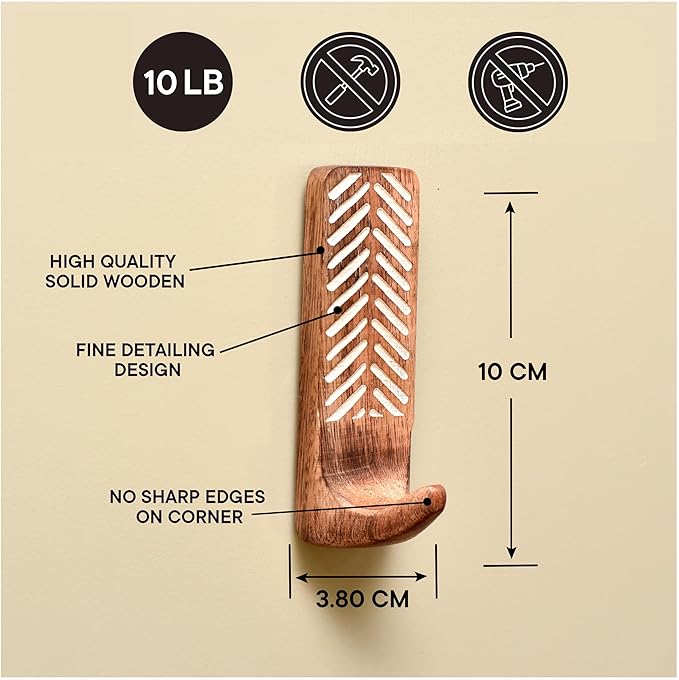 IndianShelf 10 LB- 6 Pieces Decorative Wood Adhesive Wall Hooks–Boho Peel and