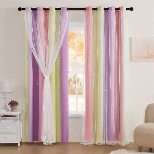 XiDi Curtains for Bedroom Decor, Rainbow Pink PurpleYellow52/90/1