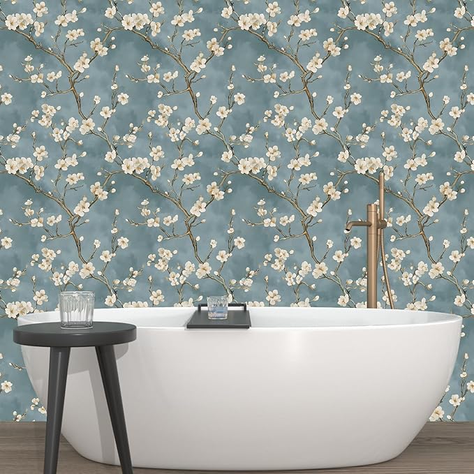 Blue Floral Wallpaper Peel and Stick Vintage White Flowers Contact Paper Vinyl