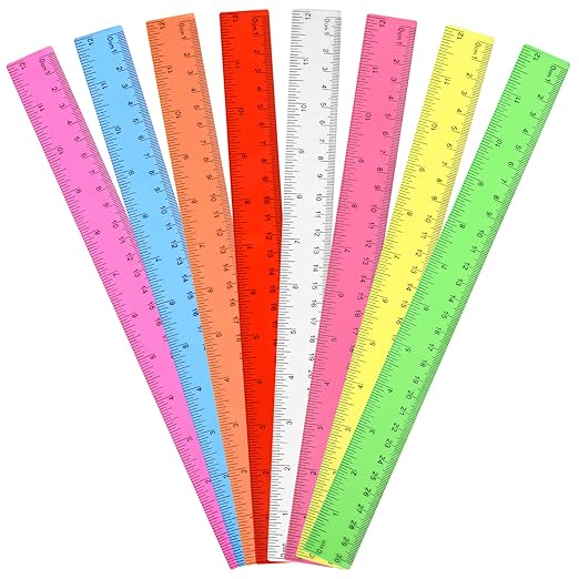 Unjoo Clear Plastic Ruler 12 Inch Straight Rulers, Bulk Assorted Colors, Shatterproof Ruler with Inches and Centimeters for School Classroom, Home, or Office (8 Pack)