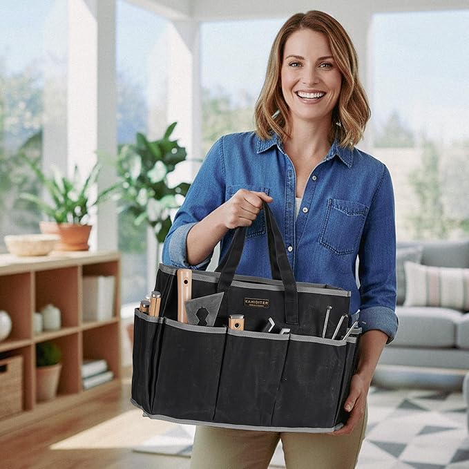 Waxed Canvas Tote Bag, Heavy Duty Multi-Purpose Canvas Tool Bag with 10 Pockets for Screwdrivers/Wrench/Pliers/Electricians Storage, Black