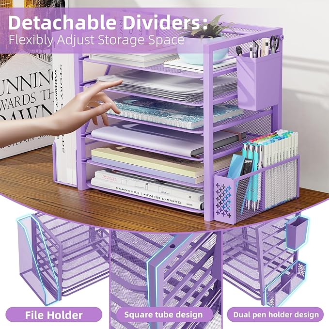 Simple Trending 6 Tier Desk File Organizer, Paper Letter Tray Organizer with File Holder and Pen Container, Purple