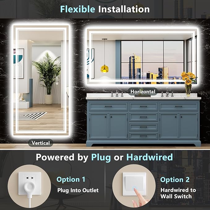 84x40 LED Bathroom Mirror with Lights, Backlit and Front Lit Anti-Fog Lighted