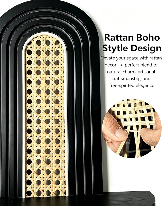 Floating Shelves for Wall, Boho Home Wall Decor, Rattan Plant Shelf Set of 2