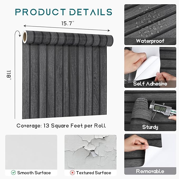 VEELIKE Charcoal Black Wooden Slat Wallpaper Peel and Stick Waterproof Dark