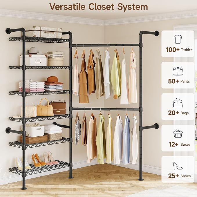 L2 Wall Mounted Closet System, Industrial Pipe Clothing Rack Clothes Racks