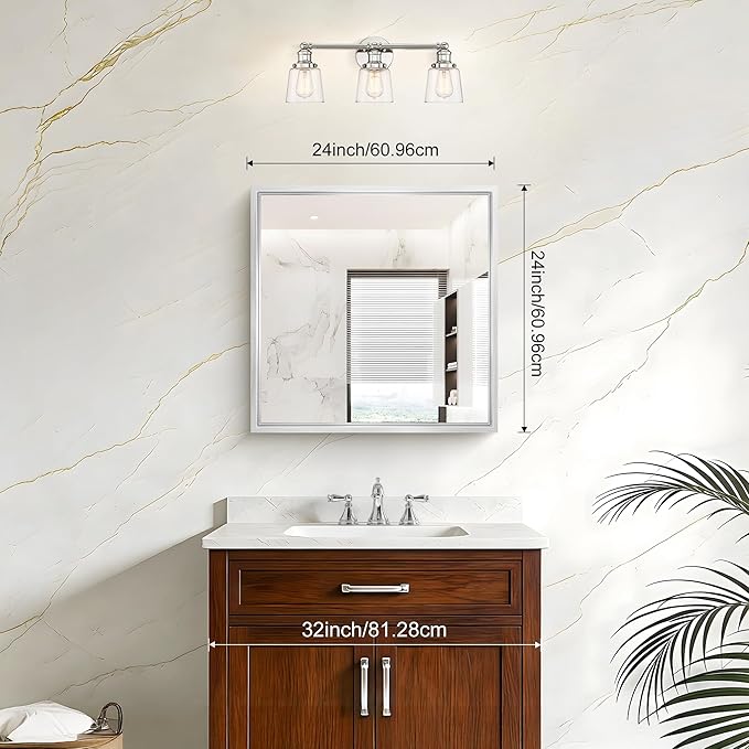 24 x 24 Silver Bathroom Mirror, Brushed Silver Square Mirror