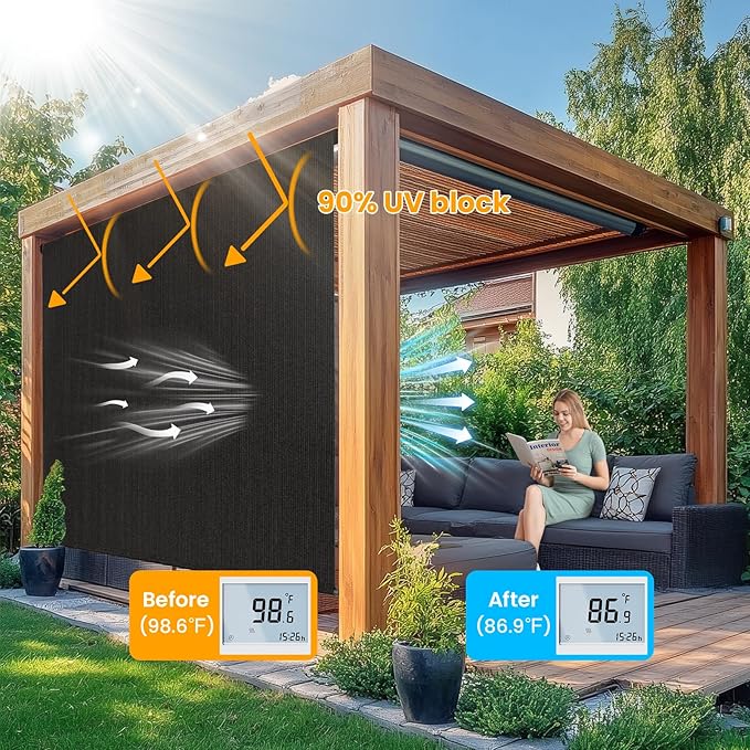 8'W x 8'H Black Patio Shades Roll up Outdoor Roller Shade Crank Wand Blind