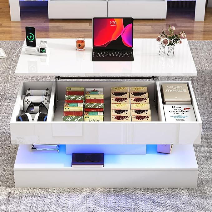 39.4" Large Lift Top Coffee Table,Modern High Glossy LED Coffee Tables for Living Room with Storage,Black Living Room Tables for Living Rooms,Dining Room,Bedroom Home Office,APP LED Lights（White）