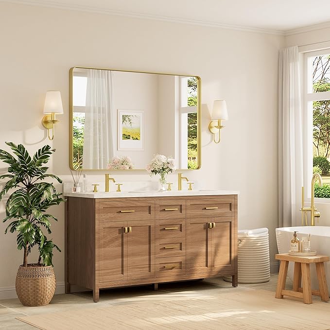 TETOTE 55 x 36 Inch Bathroom Mirror, Brushed Brass Gold Vanity Mirror, Modern