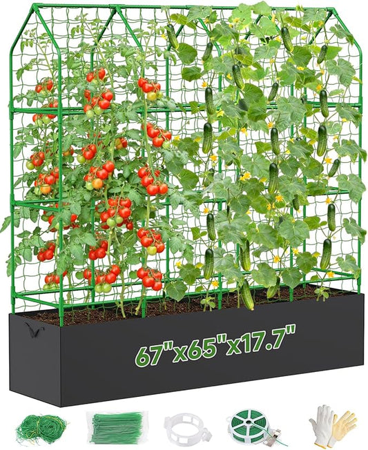 Cucumber Trellis with Grow Bag for Raised Bed, A-Shape Garden Trellis for Climbing Plants Outdoor, Metal Plant Trellis with Garden Netting for Flower Vegetables, Pea, Grape (67x17.7âx65âin)