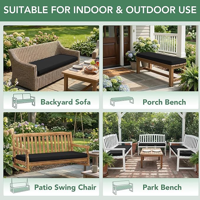 Summsun Outdoor Bench Cushion: Waterproof and Fade Resistant Patio Furniture Cushions - Non-Slip Bench Pad Cushion with Removable Cover for Garden Swing Porch Sofa Settee, 48 x 18 x 3 Inch, Black